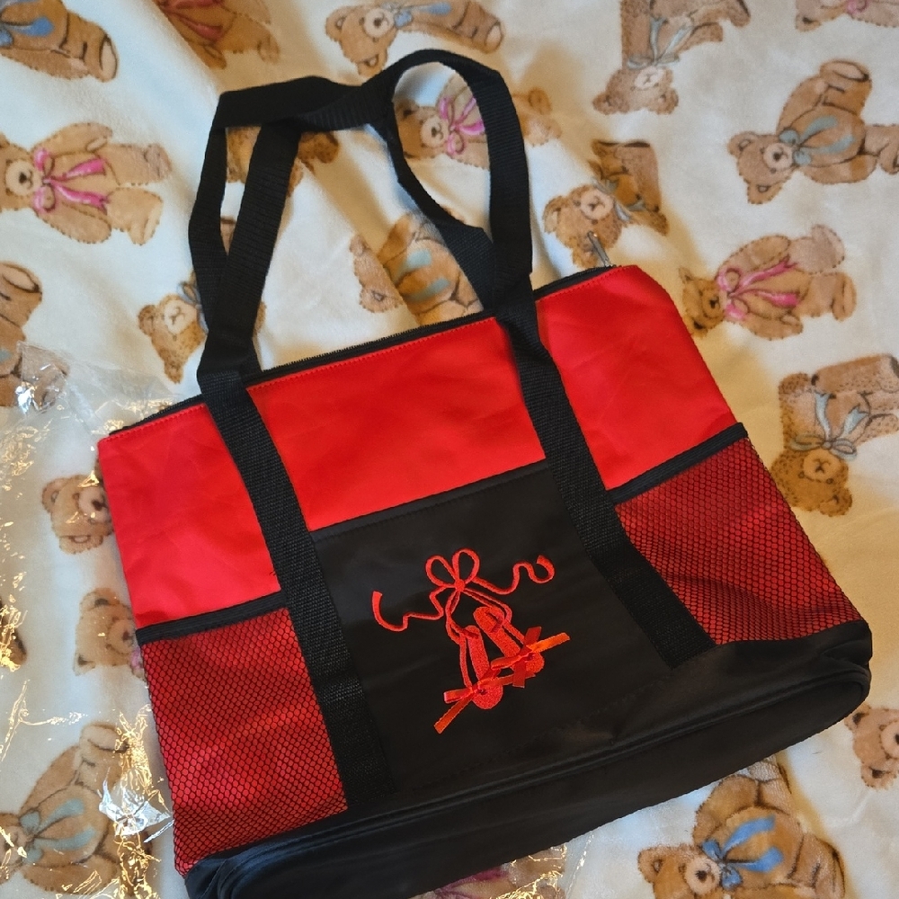 Red and Black Tote Bag with Bow Design